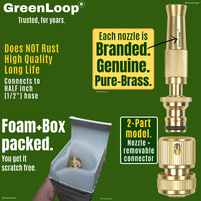 GreenLoop Solid-BRASS Water Spray Nozzle, Adjustable Spray, Connects to Hose, For Garden-Car-Pets-Window-Plants-Washing, Water Jet Spray, High Pressure (Brass, 1 Nozzle+ Removable Connector)