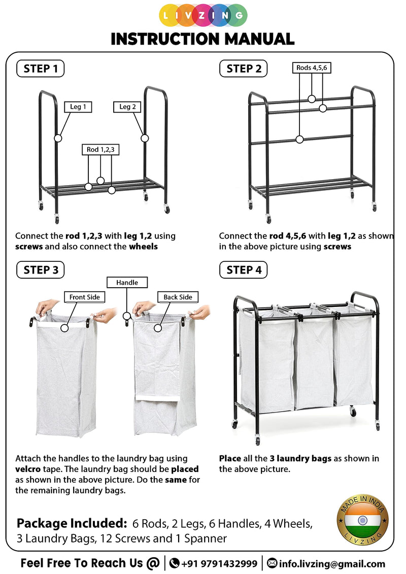 Livzing Metal Laundry Sorter 3 Section Cart With Rotating Wheels-Laundry Trolley Cart With Removable Laundry Bags-3 Compartment Laundry Divider Organizer&Laundry Basket Trolley For Bedroom, Home-Grey