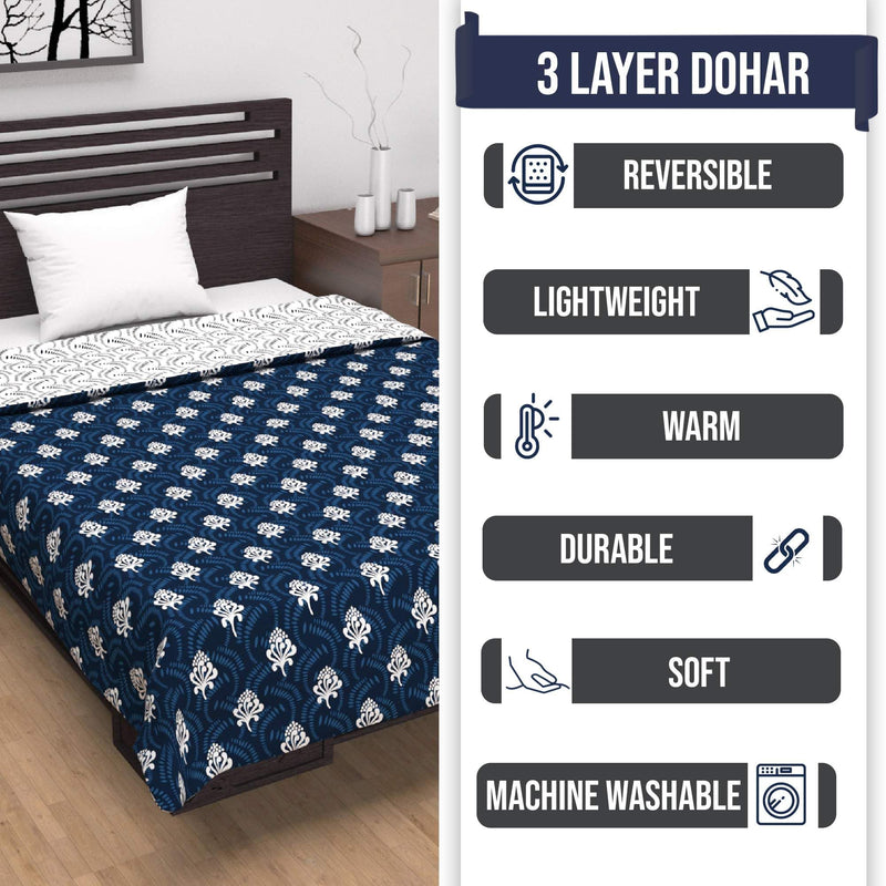 Divine Casa Microfiber 120 GSM Reversible Lightweight Printed Single Bed AC Dohar Blanket (Abstract, Navy Blue and White, Size,140 x 210 cm or 55 x 83 inch)