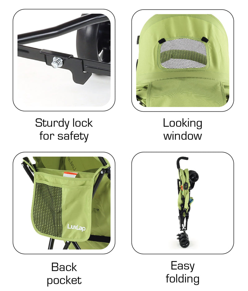 LuvLap Tutti Fruti Baby Stroller/Buggy, Compact & Travel Friendly Baby pram, for Baby & Kids, 6-36 Months, with 5 Point Safety Harness, Adjustable seat Recline, 15Kg Capacity (Green)