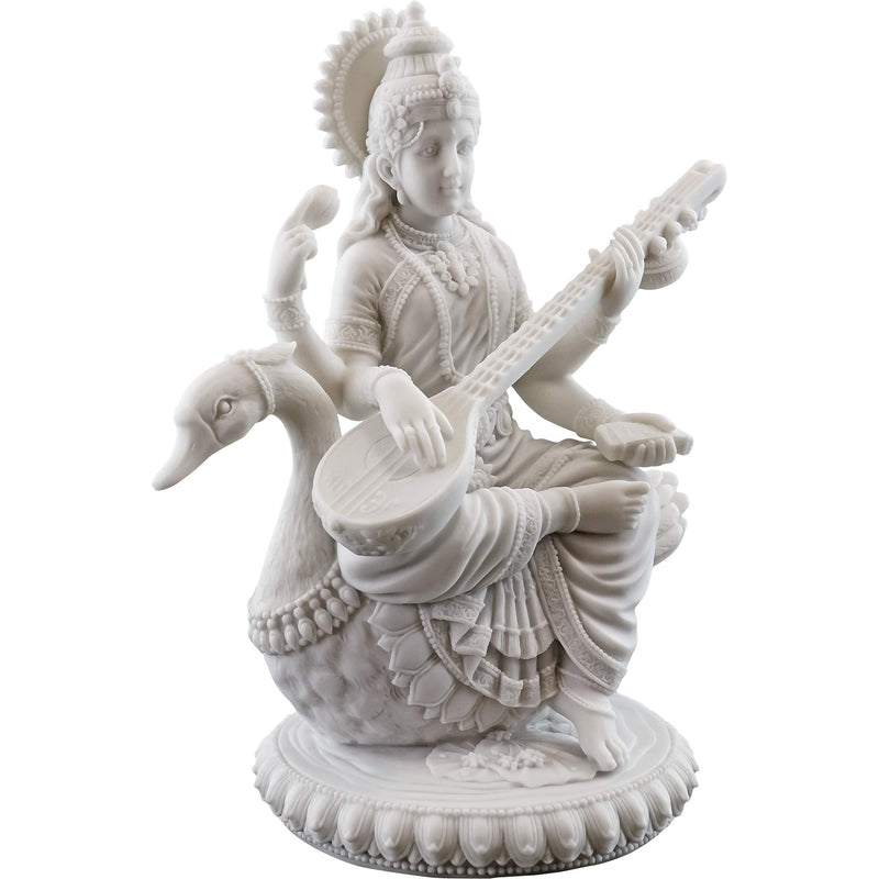 Top Collection 8" H 7" W Saraswati on Swan Statue in White Marble Finish - Hindu Goddess of Knowledge Sculpture