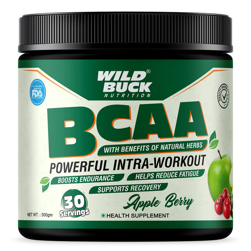 WILD BUCK Bcaa Powder With Natural & Powerful Herbs For Muscle Endurance & Growth, Recovery & Hydration|Pre, Intra & Post Workout Bcaas Supplement For Women & Men [Apple Berry, 30 Servings, 300G]