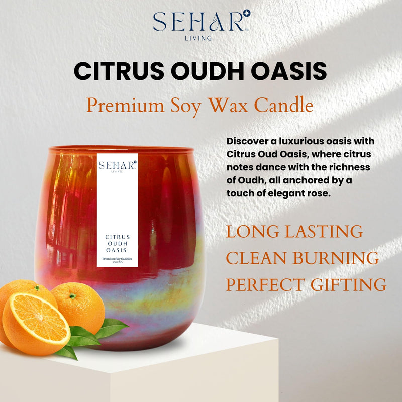 Sehar Living Citrus Oudh Oasis Luxury Soy Candle 50+ Hr Burn Time Uplifting Aromatherapy and Eco-Friendly Gift