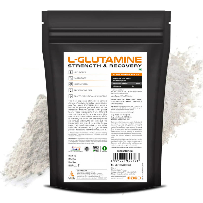 Asitis Nutrition L-Glutamine For Muscle Growth And Recovery (100Gm Powder)