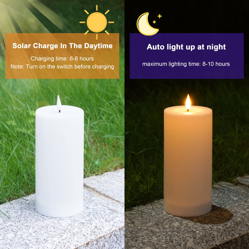 Solar Candles Outdoor Waterproof Flameless Pillar LED Candles Set of 3 Dusk to Dawn Rechargeable Window Sensor Lights 3x4/5/6 Inch White