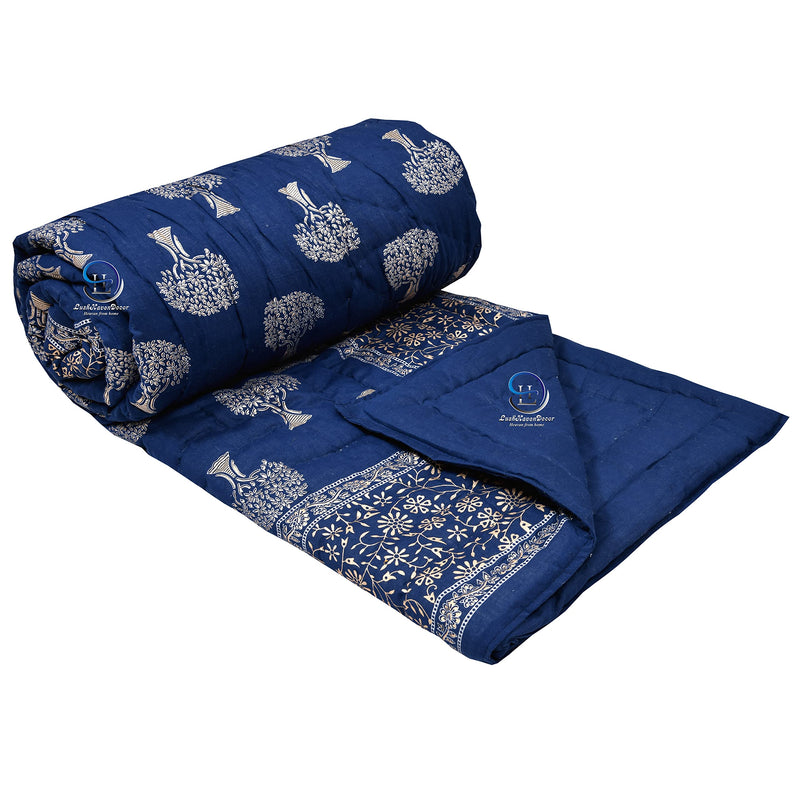 THROWS HOME DECOR 400 TC Jaipuri Rajasthani Traditional Light Weight Pure Cotton Single Bed Soft Jaipuri AC/Winter Quilt/Razai Floral Blue Print (Size 55 X 85 inch Stitch Including) Set of 1