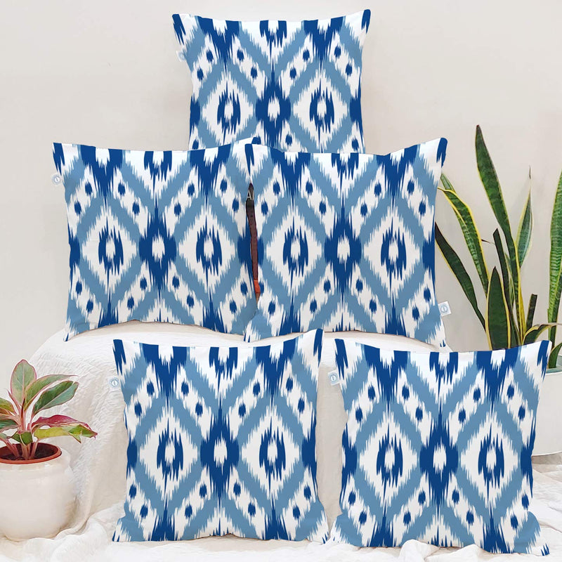 STITCHNEST Cotton Ikat Digital Printed Cushion Cover, Pack of 5 (Blue, 16x16 inches)