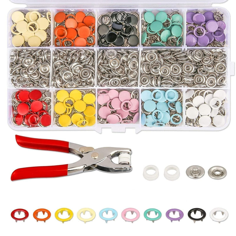 COFIEX Premium Snap Buttons Kit (100PCS Silver Button + 100PCS Color Ring) -Metal Thickened Fasteners Set with Hand Pliers -Easy 9.5mm Five-Claw Buckle Set for Children's Clothing Household Machine Press Tool Included