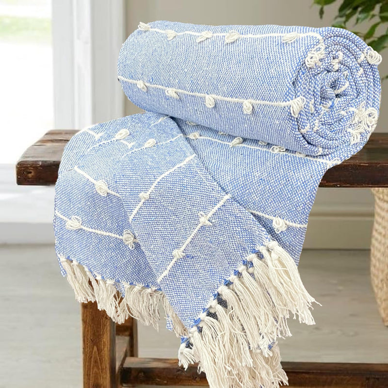 SAJAVAT HOME Hand-Knitted Pure Cotton Sofa Throw | Decorative Throw for Living Room, Bedroom, Sofa & Chair | Sea Blue with Tassels | 82x52 Inches / 208x132 CMS | Pack of 1