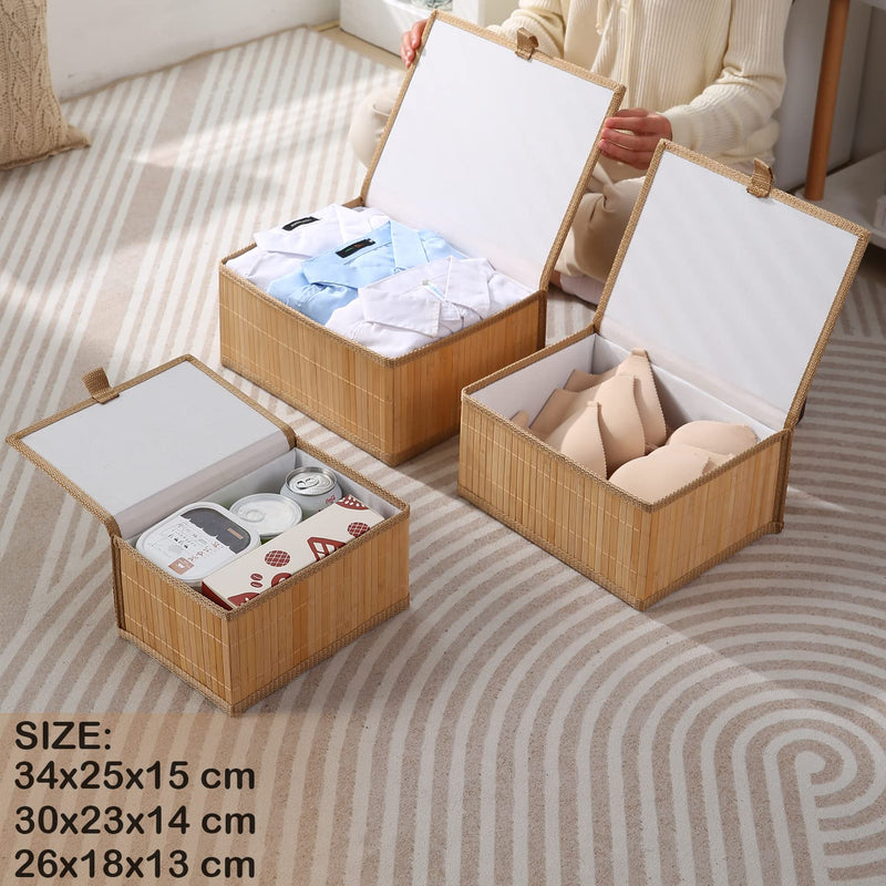 HomeStorie Eco-Friendly Bamboo Storage Boxes with Lid, Brown, Large+Medium+Small, Rectangle, Set of 3 (AR2163)