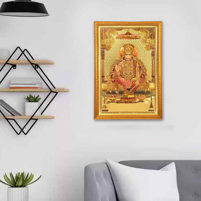 Amazon Brand - Umi. Gold Foil Ram Bhakt Pawan suth Bajrang Bali Hanumanji Poster with Frame, Length : 20 inch