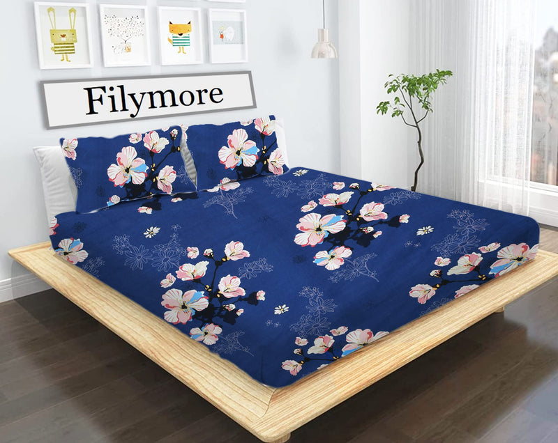 Filymore Bed Sheet Set for Double Bed Small Size, Floral Pattern, Double Bedsheet Microfiber with 2 Pillow Covers, Blue