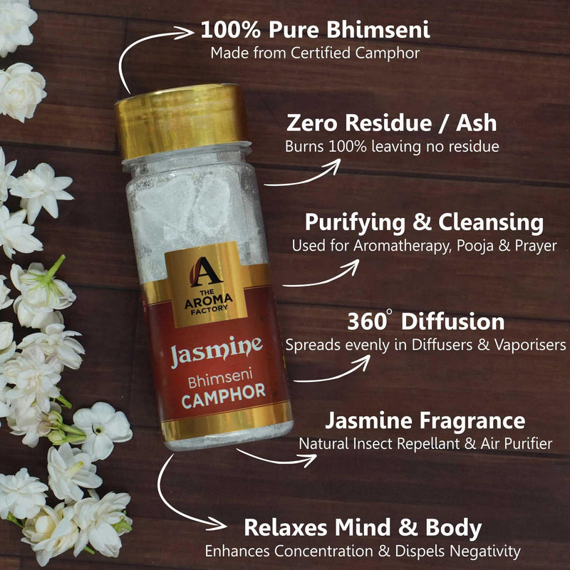 The Aroma Factory Pure Bhimseni Camphor, Jasmine, Zero Residue Kapoor with Fragrance for Pooja, Aarti Kapur | Bottle Pack of 1 x 80gm