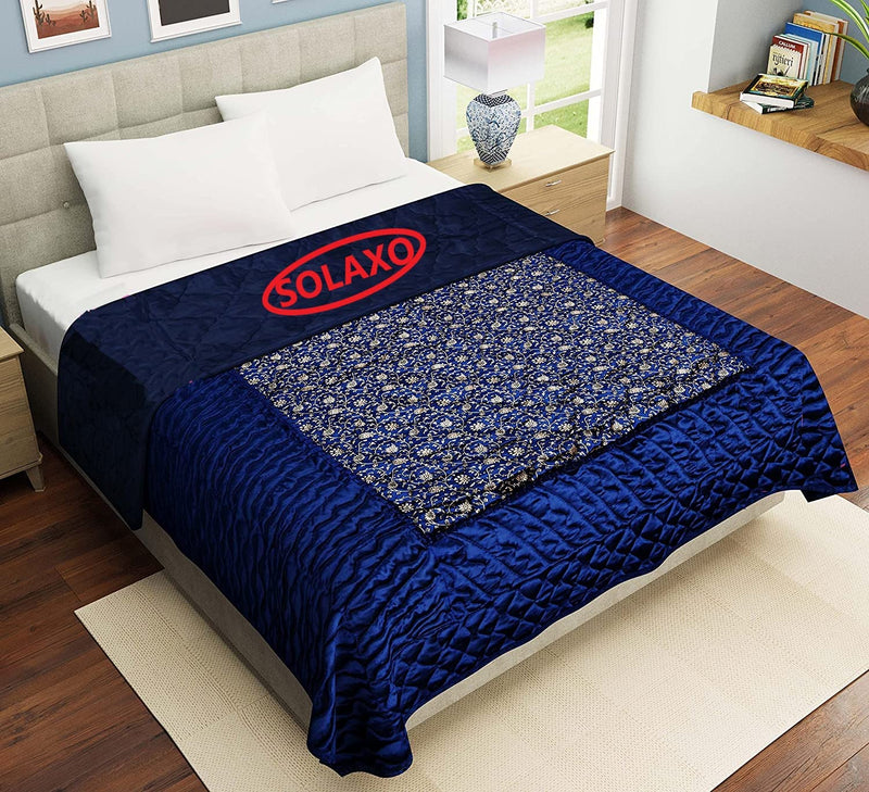 SOLAXO Handmade Traditional Designer and Printed Double Bed Silk Quilt/Blanket/for Bedroom Double-Blue