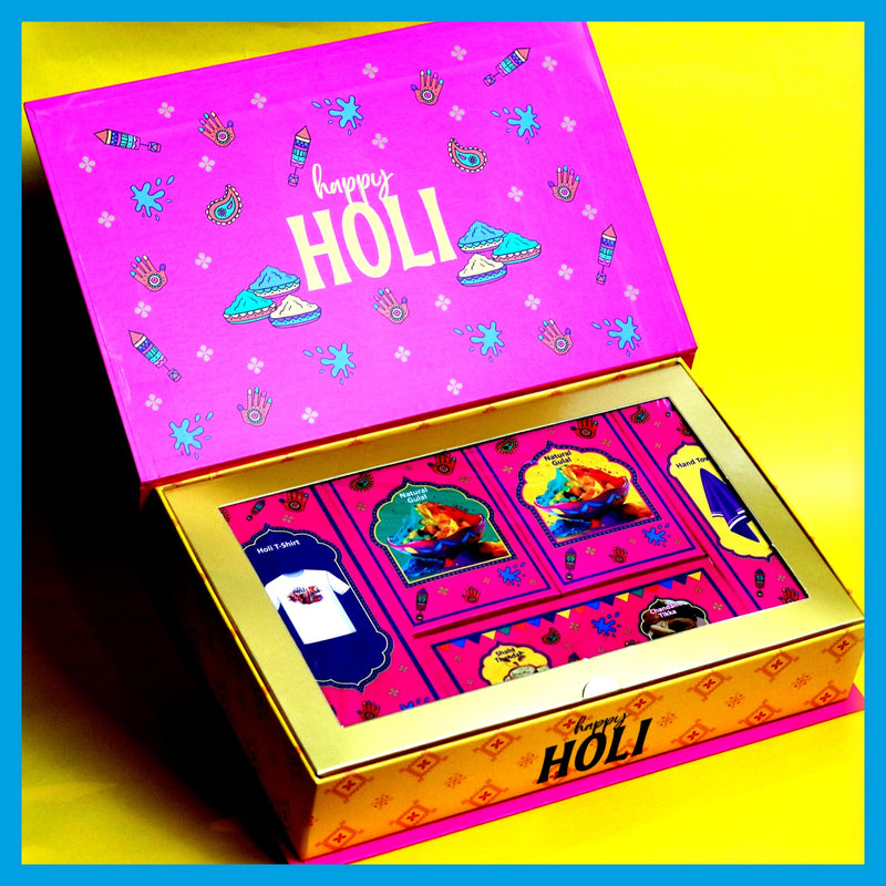 SPIRITUAL SOLUTIONS Holi Celebration Gift Box (HGB03) | Natural Herbal Gulal – Green, Pink, Red and Yellow | 2 Holi Cap | Holi T-Shirt | Gubbare | Chandan Tika | Shahi Thandai | Hand Towel