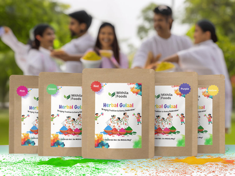MITHILA FOODS 500g Premium Herbal Gulal Holi Colours | Natural & Organic Holi Color, Pack of 5 (100g x 5) | Skin-Friendly, Safe, Non-Toxic, Easy to Wash, Holi Colour | (Red Yellow Green Purple Pink)