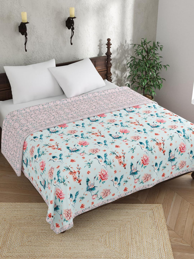 EVER HOME Digital Print Reversible AC Dohar Double Bed Cotton for Summer 120 GSM, Mild Winter Blanket, Blue & Pink 88 x 100 inches