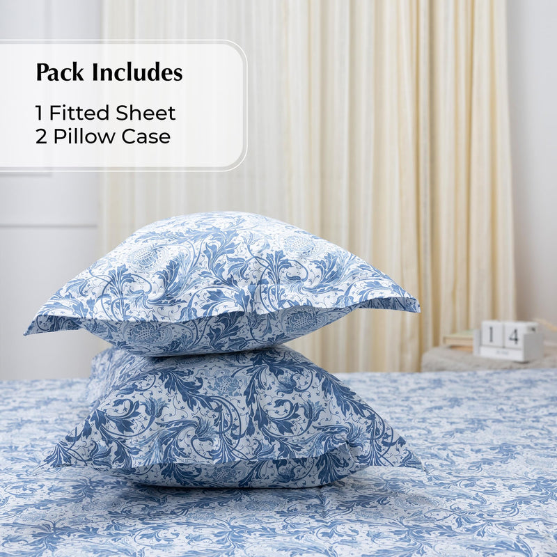 Cotton Fitted Bedsheet by Amazon Brand-Umi, 60"X78" Cotton Bed Covers Queen, Elastic Fitted Bedsheets Queen Size, Bedsheet with Elastic,144TC 100% Cotton Bed Sheet with 2 Pillow Cover -Bless Blue