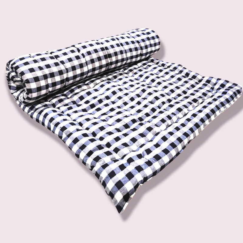 ATOOTFUSION Soft Thick Premium Cotton Quilt|Movable Foldable Rollable Light Weight Filled Single Firm Cotton Mattress|Gadda(Ghingam Plaid,1 Sleeping Capacity,3X6 Ft Or 72X36 In)Black&White Check