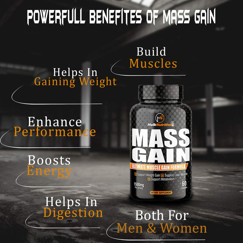 Hulk Nutrition Bulk Gain Mass & Weight Gainer Capsule for Fast Weight & Muscle Gain, Muscle Building Weight Lifters Supplement for Muscle Growth, Stamina & Strength, Men & Women - 60 Capsules | Free Gallon