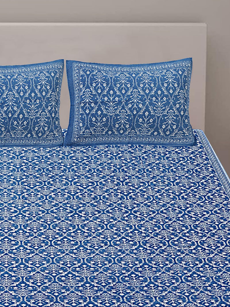 Goodadi Pure 100% Cotton Bedsheet with 2 Pillow Covers, Size - Double King Size Bedsheet 100x108 Inch, Pillow Covers - 18x28 inch, Sanganri Bagru Print (Blue 313)