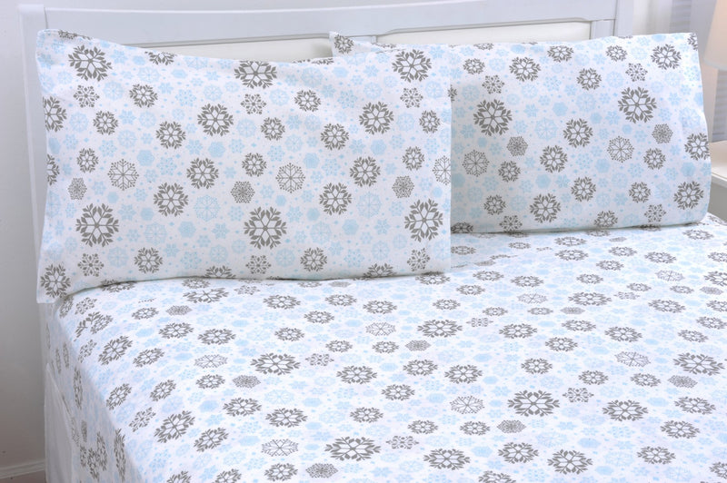 Mellanni California King Flannel Sheet Set - 4 pc Printed Luxury 100% Cotton - Lightweight Bed Sheets - Cozy, Soft, Warm, Breathable Bedding - Deep Pockets (Cal King, Blue/Gray Snowflakes)