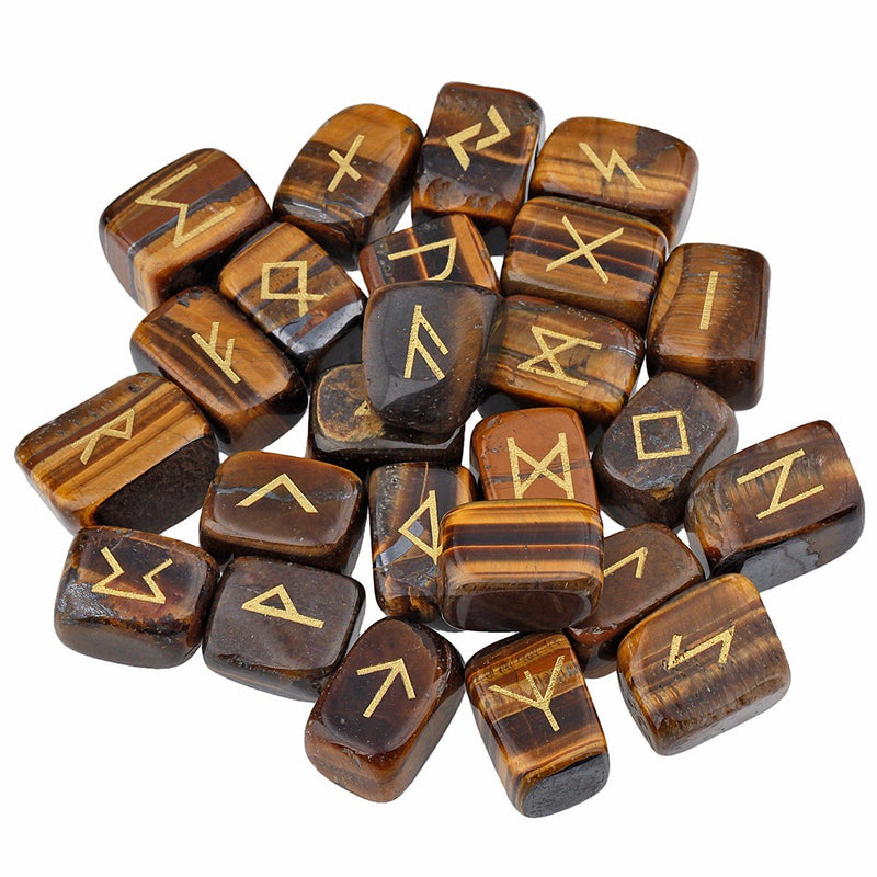 SUNYIK Natural Tiger's Eye Stone Rune Stones Set with Engraved Elder Futhark Alphabet Lettering Polished Healing Crystal Kit