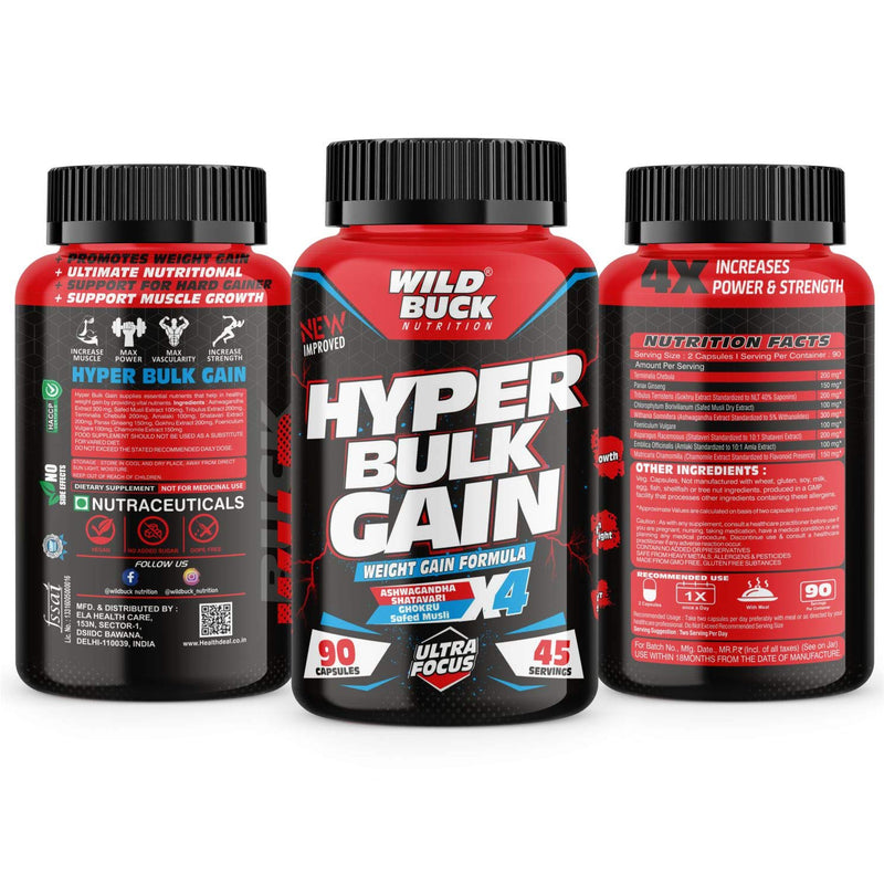 Wild Buck Hyper Bulk Gain Mass & Weight Gainer Capsule for Fast Weight & Muscle Gain, Daily Muscle Building Weight Lifters Supplement for Muscle Growth, Stamina & Strength, For Men & Women- 90 Cap.