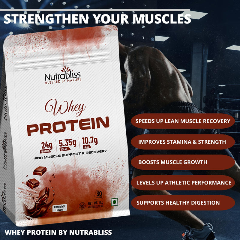 Nutrabliss Premium Pure Whey Protein Concentrated blended with digestive enzymes and probiotics | 100% tested and guaranteed Whey Protein - 24 Gram Protein per serving (Chocolate, 1 Kg)