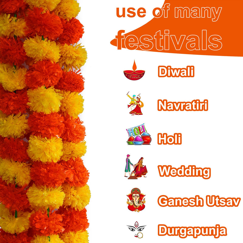 Caneuf Genda Phool Yellow Dark Orange Artificial Marigold Fluffy Flower/Genda Phool Garlands String for Diwali, Navratri, Durga Pooja Festival Office Decoration (Pack of 15) Multicolour