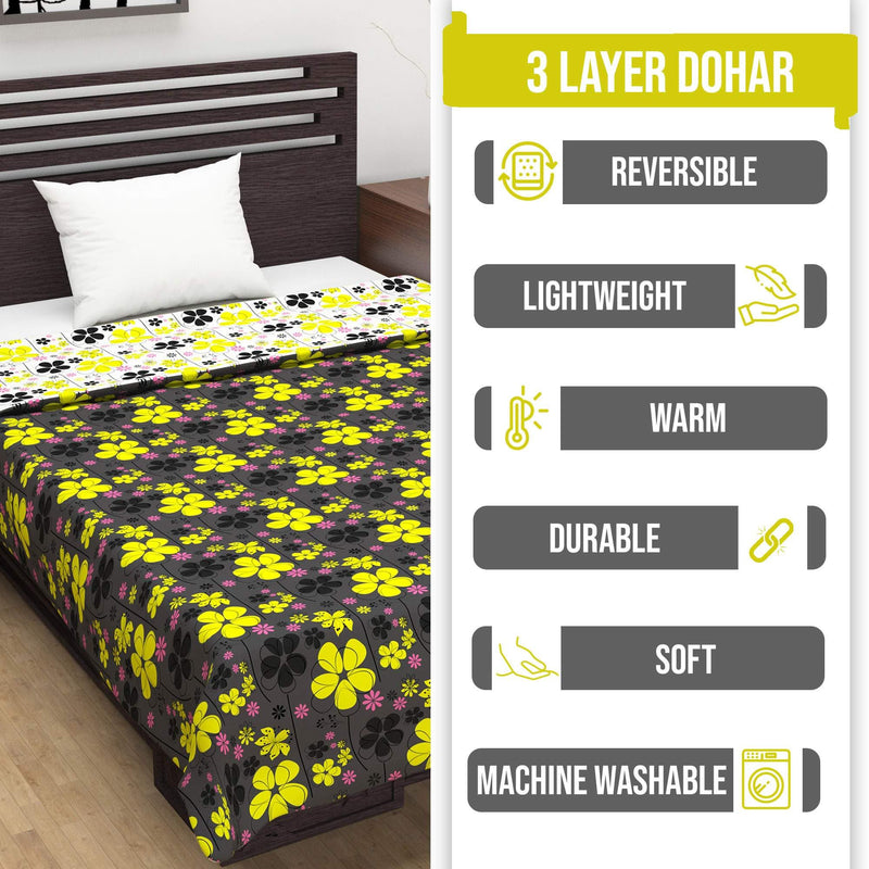 Divine Casa 120 GSM Polyester Reversible Lightweight Printed Double Bed AC Dohar Blanket - Black and Yellow