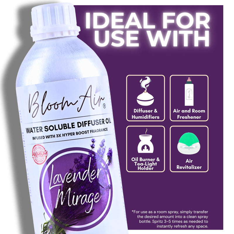 BloomAir Lavender Mirage Diffuser Oil for Home Fragrance| Non-Flammable| Superior Aroma Oil Diffusion| Water Soluble Fragrance Oil| Ready-to-Use| Refill Liquid 1.00Kg