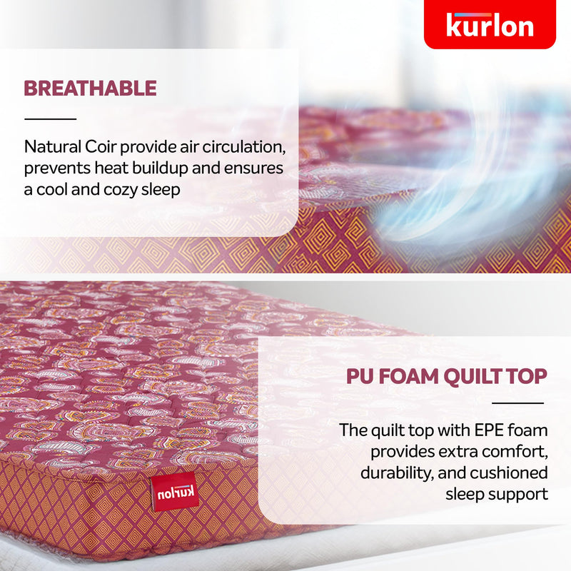 Kurlon Natural Coir Pad Mattress | Rubberized Coir | Breathable Fabric |Medium Firm Support| Natural Cooling | PU Foam Quilting | Premium Finish | Queen Size | 75x60x5 | 5 Yrs Warranty