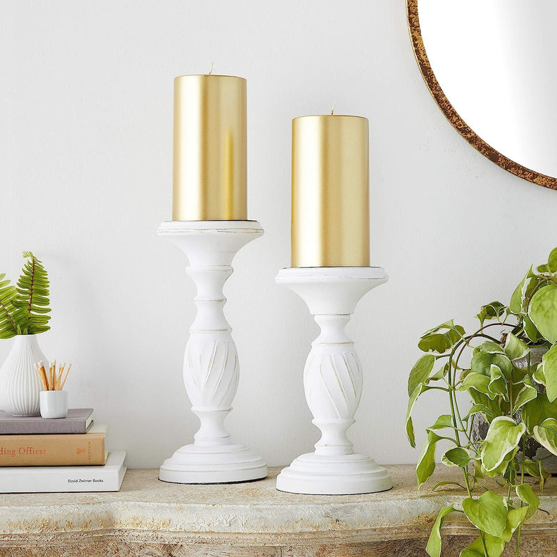 Celestial Splendor: Captivating Set of 4 Uniquely Designed Metallic Pillar Candles, Emanating a Mesmerizing Aura of Golden Brilliance and Adding an Extraordinary Touch to Your Decor