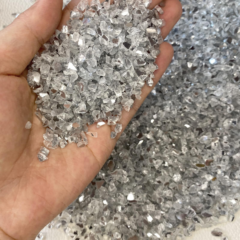 Crushed Mirror 1500g Glass-Reflective White Glass Gravel Chips for Sculpture Creation, Resin Art, Home Decoration 2-6mm Glass Chip