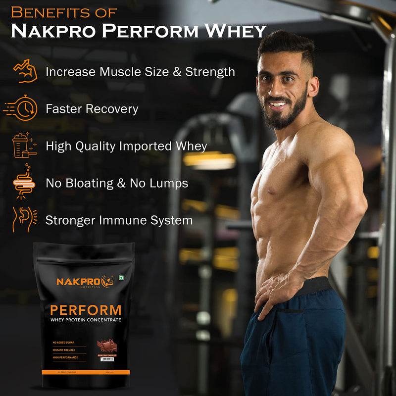 NAKPRO Perform Whey Protein Concentrate | 24g Protein, 5.3g BCAA per Serving | Muscle Recovery Workout Drink, Lean Muscle Growth (1 Kg, Double Rich Chocolate)