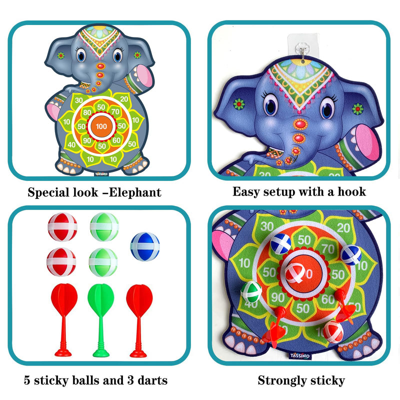 Tassino Dart Game for Kids Cartoon Target Game Toy Sets Dart Board with 5 Velcro Balls and 1 Hanger -Children's Indoor Outdoor Sport Game Toys Gifts (Elephant (5 Balls and 3 Darts))