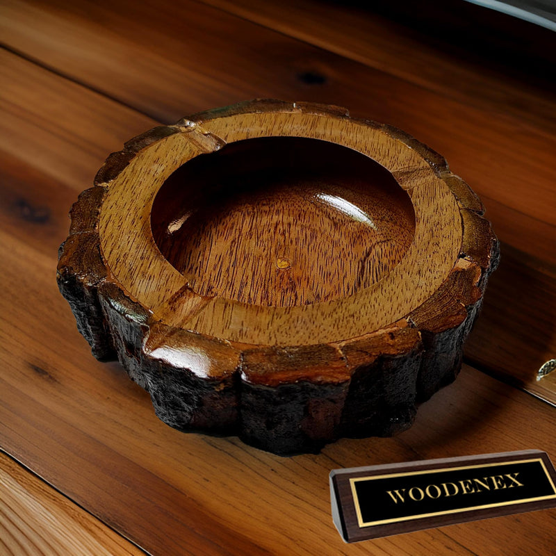 Woodenex Rustic Natural Wood Ashtray, Handcrafted Tree Trunk Decorative Ash tray, Dark Brown, Wooden Bark Natural Antique Ash catcher