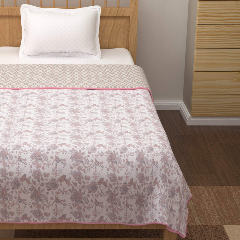 Story@Home Dohar Single Bed Cotton, Blanket for Winter,100% Cotton Reversible Light Weight Dohar Single| 150GSM | 56 X 86 inch |White & Baby Pink. Ideal for All Seasons, Perfect for Winter.