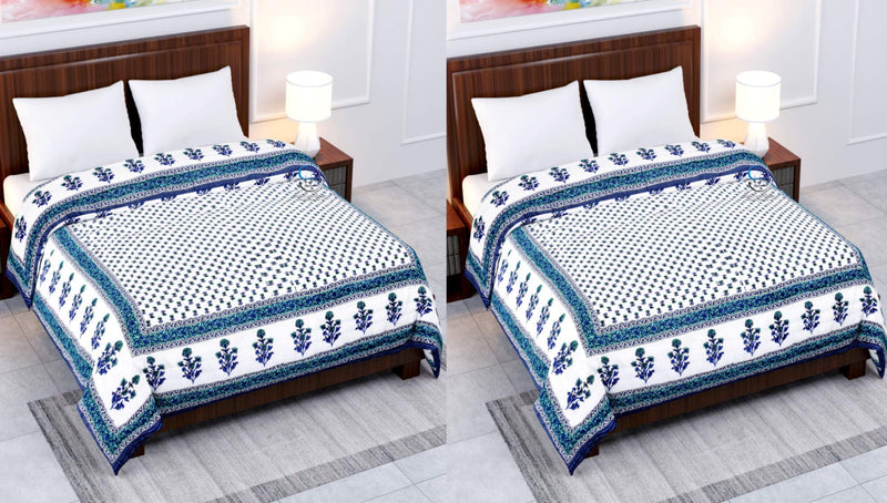 LushHavenDecor 210 TC Single Bed Jaipuri Cotton Bed Blanket Ac Quilt for Winter and Summer Soft Light Weight Rajasthani Traditional Cotton Comforter 85 x 55 inch Blue, Pack of 2