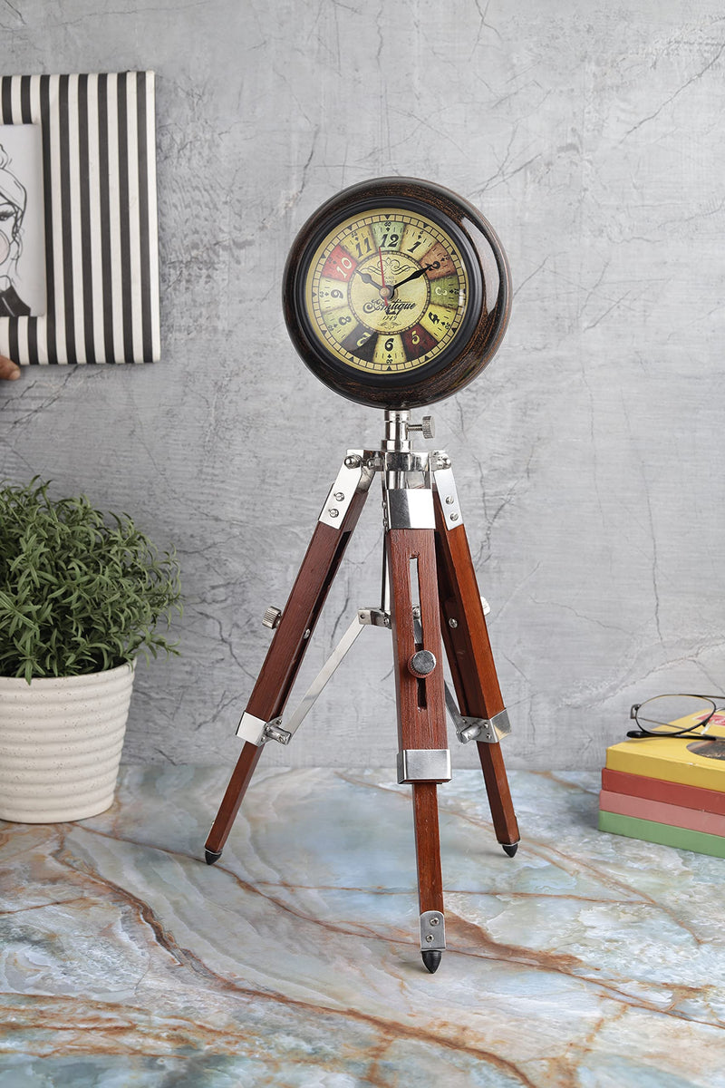 Ximdeco® Brown Wooden Nautical Vintage Style Tripod Stand Vintage Table Clock Showpiece