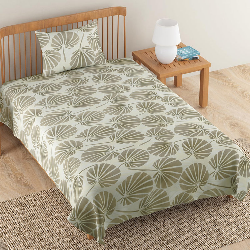 HOKIPO Cotton Feel Brushed Microfiber 145 GSM Printed Bedsheet for Single Bed, 60 x 90 inches with 1 Pillow Cover, Tropical Leaves Cream (IN-772-D1)