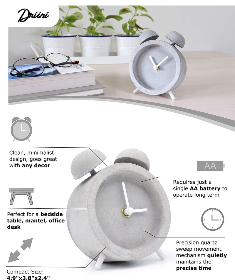 Driini Concrete Twin Bell Desk and Table Clock - Battery Operated with Precise Silent Sweep Movement. Perfect Small Clock for Guest Room, Bathroom, Living Room or Office.