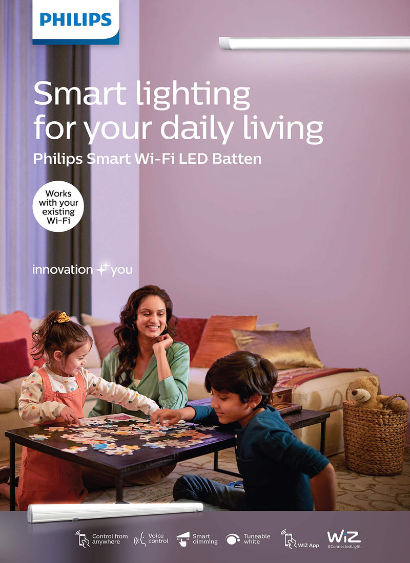 Philips Smart Wi-Fi LED Batten 24-Watt WiZ Connected (Pack of 2) (Shades of White + Tuneable + Dimmable + Pre-Set Modes) (Compatible with Amazon Alexa and Google Assistant), Pack of 2