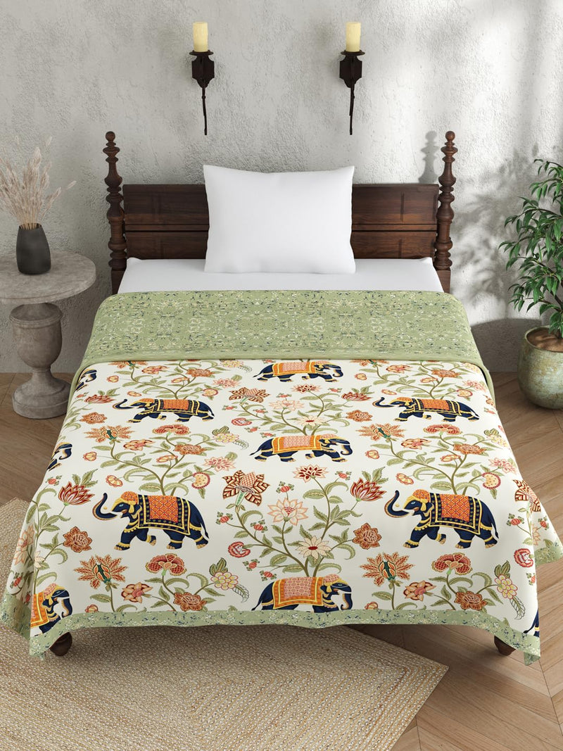 EVER HOME Digital Print Reversible AC Dohar Single Bed Cotton for Summer 120 GSM, Mild Winter Blanket, Green Elephant Print 59 x 88 inches