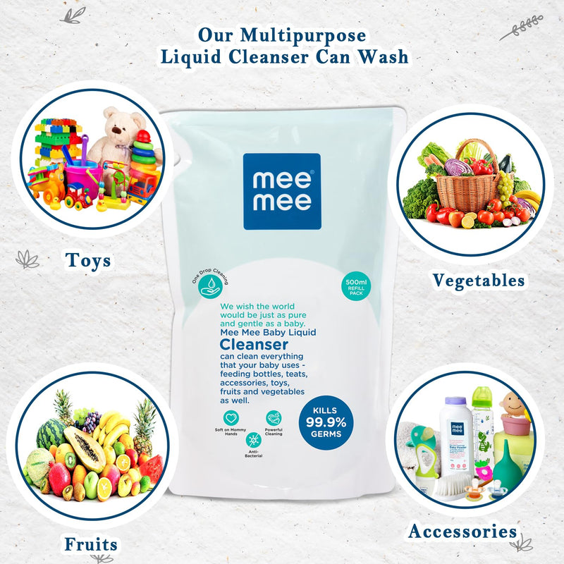 Mee Mee Anti-Bacterial Baby Liquid Cleanser | Kills 99.9% Germs | Feeding Bottle Cleaner Liquid Bowls/Toys/Food/Accessories (500 ml - Refill Pack)