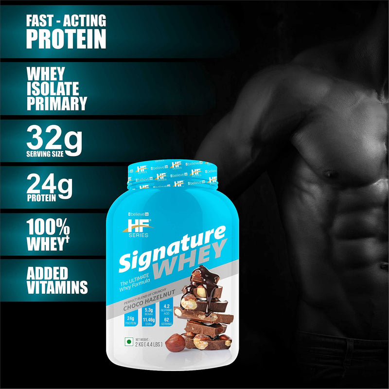 HF Series Signature Whey Protein Powder|62 servings|Build Lean and Bigger Muscle|2Kg|Flavour-Choco Hazelnut