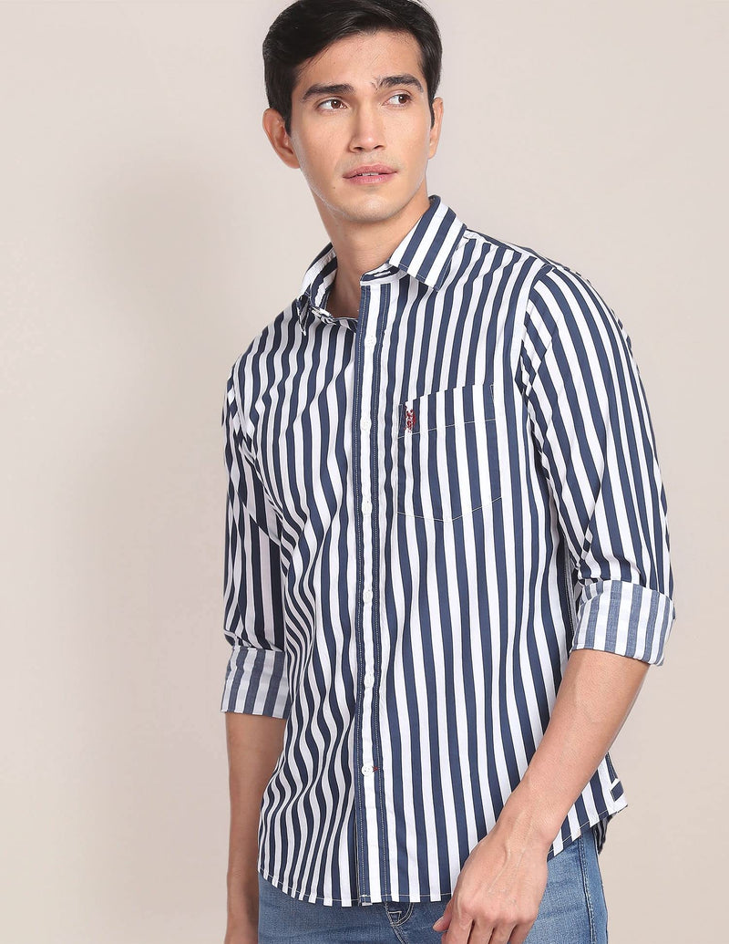 U.S. POLO ASSN. Mens Printed Stripe Regular Fit Fs Shirts (Usshtfx0072_Navy_M)