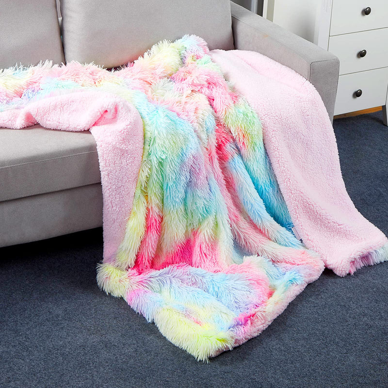 BOBOR Super Soft Faux Fur Shaggy Long Hair Reversible Sherpa Fleece Microfiber, Fuzzy, Lightweight, Plush, Decorative Throw Blanket (Rainbow, 59 x79 inch)