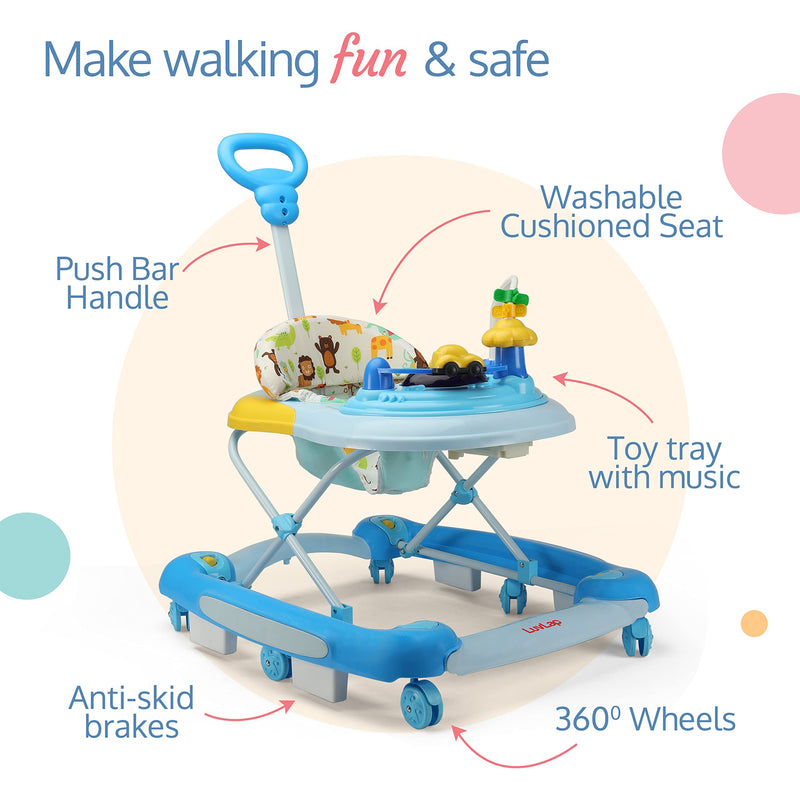 LuvLap Comfy 2-in-1 Baby Walker & Rocker with Parental Push Handle, Anti Fall, Anti Skid Mechanism, Height Adjustable with Light, Rattle & Musical Toys, Cushioned Walker for Baby 6-18months (Blue)